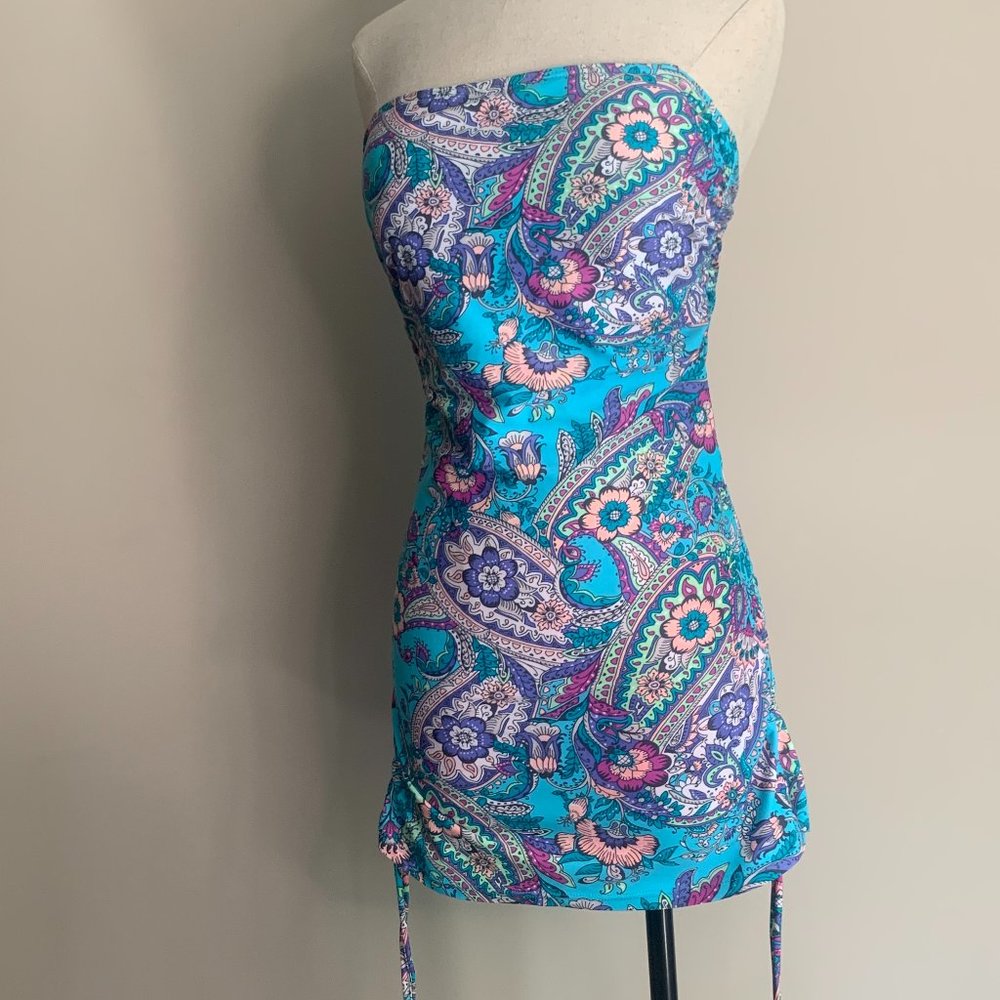 Turquoise Paisley Drawstring Side Scrunch Swim Top Mini Dress Gossip Girl Size L